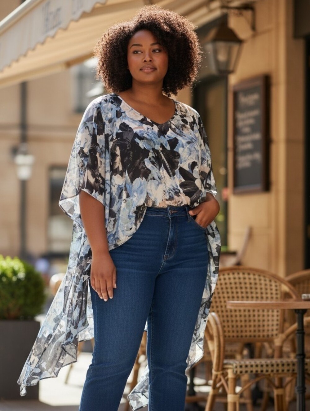 Jennifer Lopez Black and Blue Floral Hi-Low Blouse In EUC